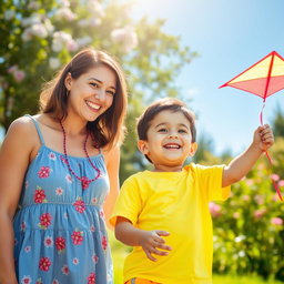 A warm and loving scene of a mother and son sharing a joyful moment together in a sunlit park