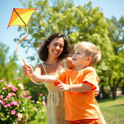 A warm and loving scene of a mother and son sharing a joyful moment together in a sunlit park