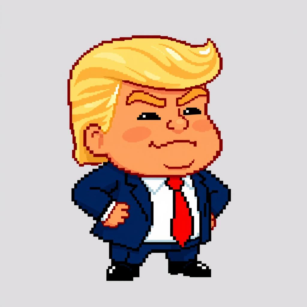 A pixel art character designed in the retro SNES pixel style, inspired by Donald Trump