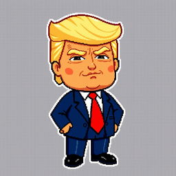 A pixel art character designed in the retro SNES pixel style, inspired by Donald Trump