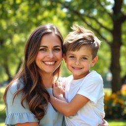 A warm and affectionate portrait of a mother and her son, smiling together in a loving embrace