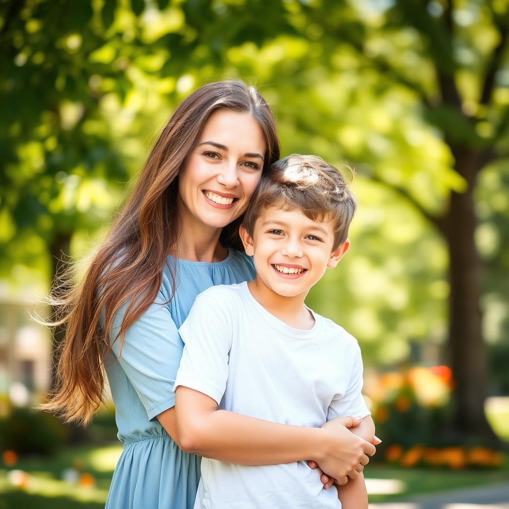 A warm and affectionate portrait of a mother and her son, smiling together in a loving embrace