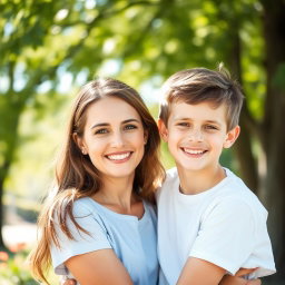 A warm and affectionate portrait of a mother and her son, smiling together in a loving embrace