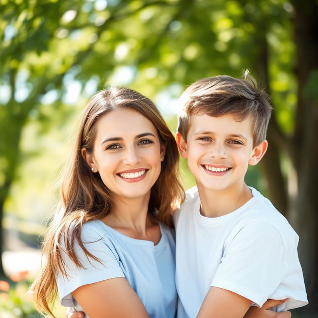 A warm and affectionate portrait of a mother and her son, smiling together in a loving embrace