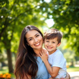 A warm and affectionate portrait of a mother and her son, smiling together in a loving embrace