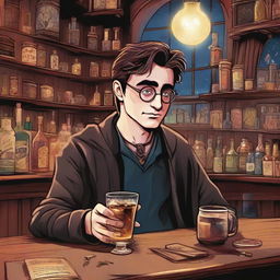 A detailed illustration of Harry Potter, depicted as an adult, enjoying a magical drink in a moody wizarding world bar, with the mysterious glow of magical artifacts around the place.