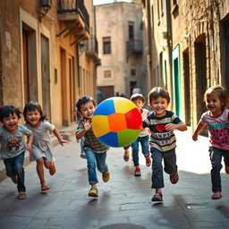 A vibrant street scene in Iran, depicting a group of joyful children playing with a colorful rubber ball