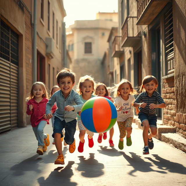 A vibrant street scene in Iran, depicting a group of joyful children playing with a colorful rubber ball