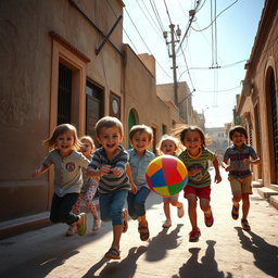 A vibrant street scene in Iran, depicting a group of joyful children playing with a colorful rubber ball