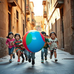 A vibrant street scene in Iran, depicting a group of joyful children playing with a colorful rubber ball