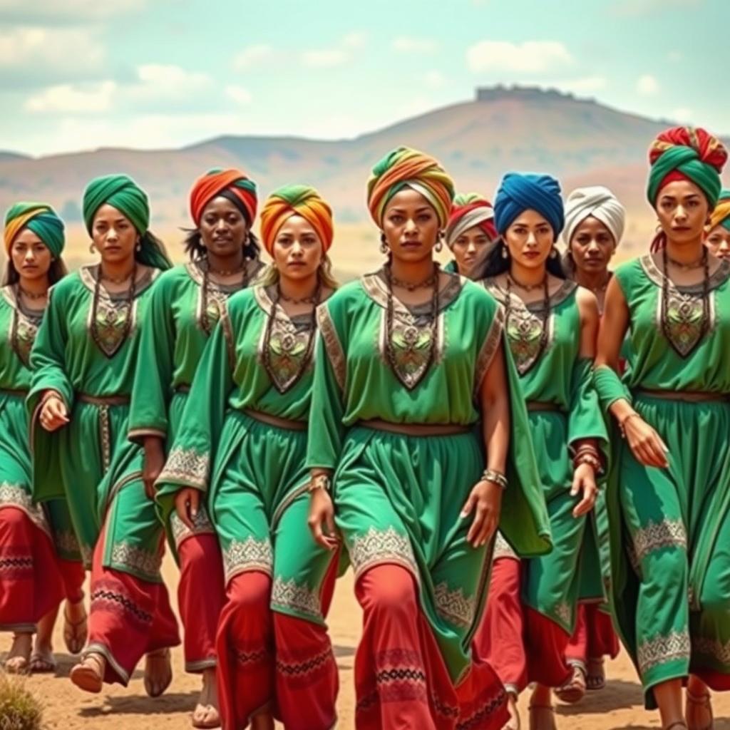 A group of strong, determined women marching confidently, wearing uniforms inspired by ancient Israelites