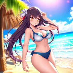 An anime girl with large curves, wearing a stylish thong