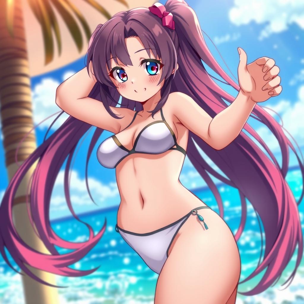 An anime girl with large curves, wearing a stylish thong