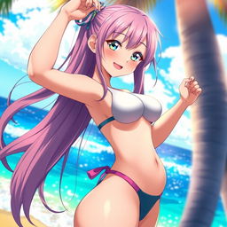 An anime girl with large curves, wearing a stylish thong