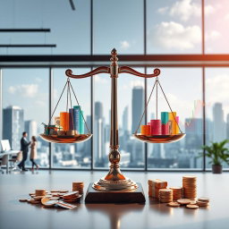 A visually striking representation of economic concepts, featuring a balanced scale symbolizing supply and demand