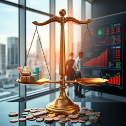 A visually striking representation of economic concepts, featuring a balanced scale symbolizing supply and demand