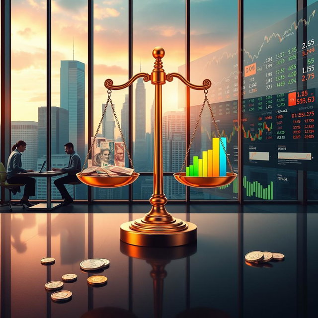 A visually striking representation of economic concepts, featuring a balanced scale symbolizing supply and demand