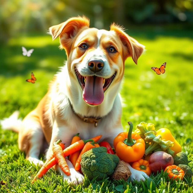 A cheerful dog happily munching on a variety of colorful vegetables, such as carrots, broccoli, and bell peppers