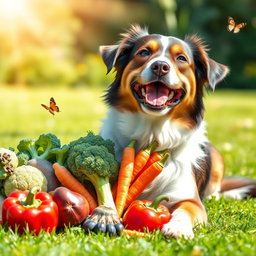 A cheerful dog happily munching on a variety of colorful vegetables, such as carrots, broccoli, and bell peppers