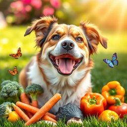 A cheerful dog happily munching on a variety of colorful vegetables, such as carrots, broccoli, and bell peppers