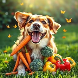 A cheerful dog happily munching on a variety of colorful vegetables, such as carrots, broccoli, and bell peppers