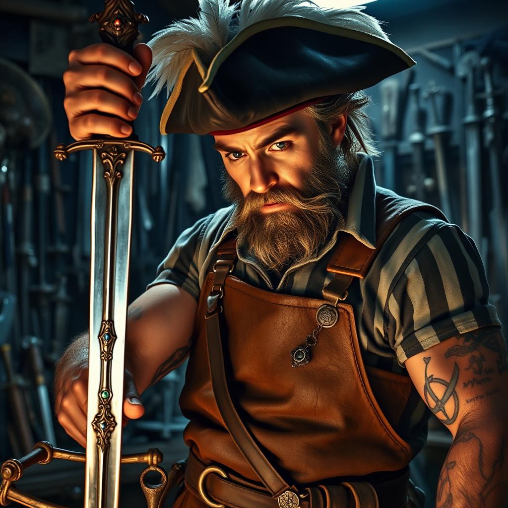 A rugged, battle-worn pirate smith gazing intently at his ornate sword