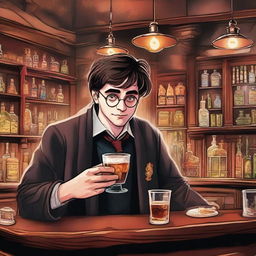 A detailed illustration of Harry Potter, depicted as an adult, enjoying a magical drink in a moody wizarding world bar, with the mysterious glow of magical artifacts around the place.