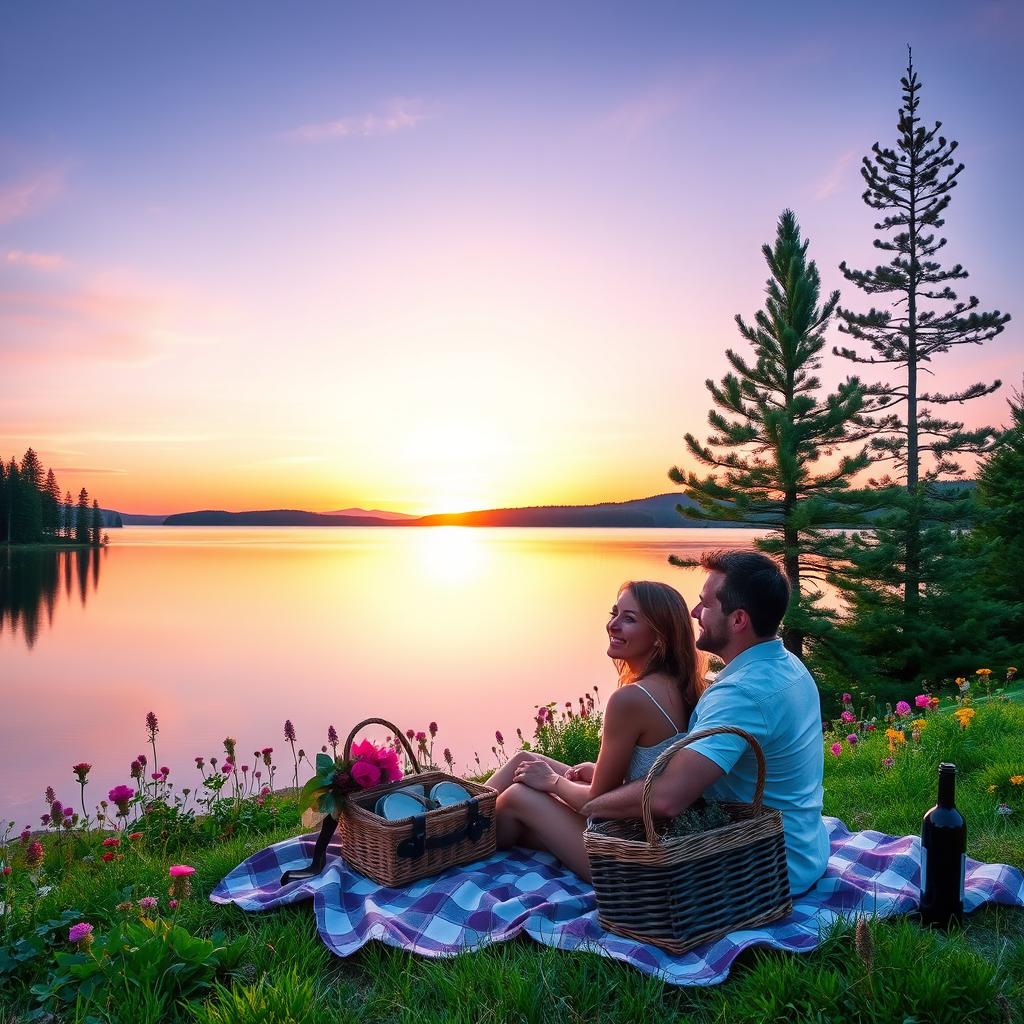 A serene landscape featuring a tranquil lake surrounded by lush green pine trees and colorful wildflowers in bloom