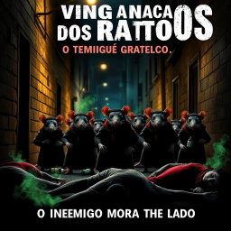 A thrilling film cover featuring the title: 'A Vingança dos Ratos: O Inimigo Mora ao Lado'