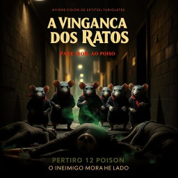 A thrilling film cover featuring the title: 'A Vingança dos Ratos: O Inimigo Mora ao Lado'
