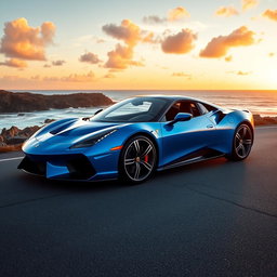 a sleek, modern sports car in vibrant blue color parked on a scenic coastal road during sunset, with waves crashing on the rocks in the background and a clear orange sky filled with fluffy clouds, showcasing the beauty of nature and the elegance of automotive design