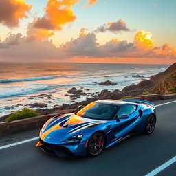 a sleek, modern sports car in vibrant blue color parked on a scenic coastal road during sunset, with waves crashing on the rocks in the background and a clear orange sky filled with fluffy clouds, showcasing the beauty of nature and the elegance of automotive design