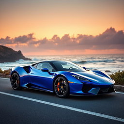 a sleek, modern sports car in vibrant blue color parked on a scenic coastal road during sunset, with waves crashing on the rocks in the background and a clear orange sky filled with fluffy clouds, showcasing the beauty of nature and the elegance of automotive design