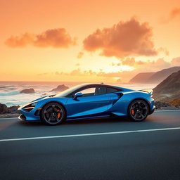 a sleek, modern sports car in vibrant blue color parked on a scenic coastal road during sunset, with waves crashing on the rocks in the background and a clear orange sky filled with fluffy clouds, showcasing the beauty of nature and the elegance of automotive design