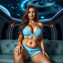 A full body image of a mature woman, aged 55, with an alluring curvy figure, dressed in short light blue shorts and a plunging neckline top