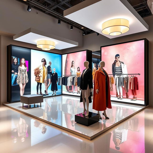A modern fashion showroom booth design in a 10 x 10 meters open space, featuring sleek flooring that reflects contemporary style