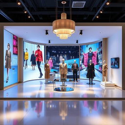 A modern fashion showroom booth design in a 10 x 10 meters open space, featuring sleek flooring that reflects contemporary style
