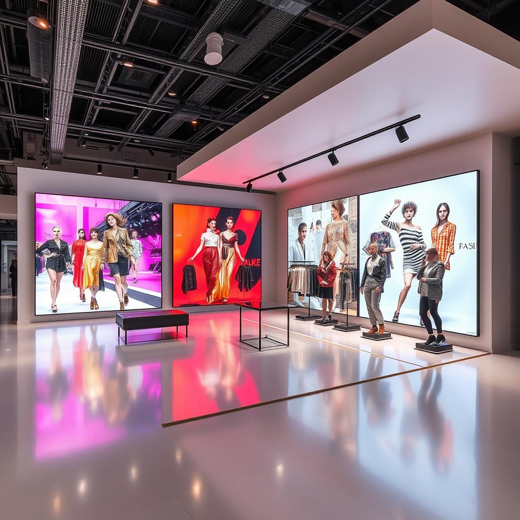 A modern fashion showroom booth design in a 10 x 10 meters open space, featuring sleek flooring that reflects contemporary style