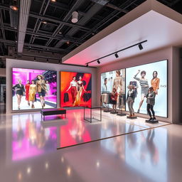A modern fashion showroom booth design in a 10 x 10 meters open space, featuring sleek flooring that reflects contemporary style