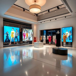 A modern fashion showroom booth design in a 10 x 10 meters open space, featuring sleek flooring that reflects contemporary style