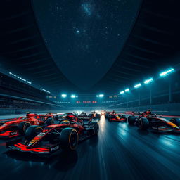 Aesthetic dark-themed Formula 1 wallpaper showcasing a dynamic scene with multiple F1 cars racing inside the iconic Shanghai stadium