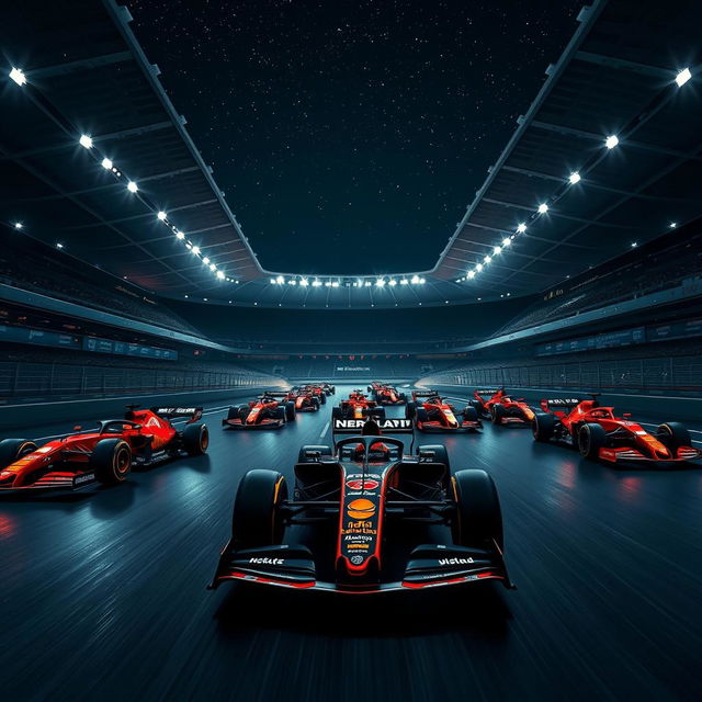 Aesthetic dark-themed Formula 1 wallpaper showcasing a dynamic scene with multiple F1 cars racing inside the iconic Shanghai stadium