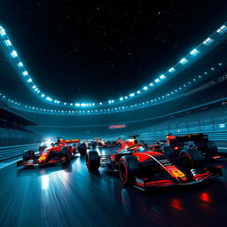 Aesthetic dark-themed Formula 1 wallpaper showcasing a dynamic scene with multiple F1 cars racing inside the iconic Shanghai stadium