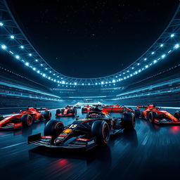 Aesthetic dark-themed Formula 1 wallpaper showcasing a dynamic scene with multiple F1 cars racing inside the iconic Shanghai stadium