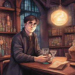 A detailed illustration of Harry Potter, depicted as an adult, enjoying a magical drink in a moody wizarding world bar, with the mysterious glow of magical artifacts around the place.