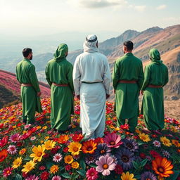 Five men standing on a mountain covered in beautifully drawn flowers