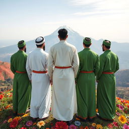 Five men standing on a mountain covered in beautifully drawn flowers