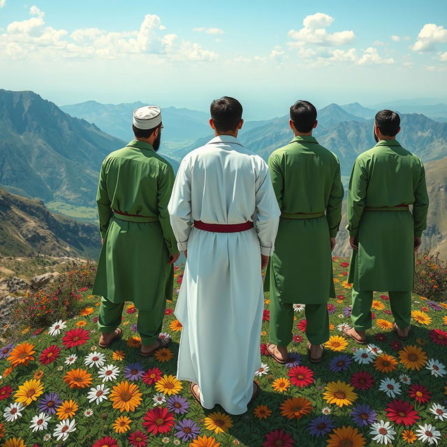 Five men standing on a mountain covered in beautifully drawn flowers