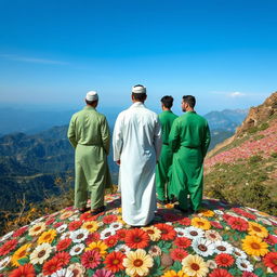 Five men standing on a mountain covered in beautifully drawn flowers