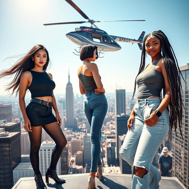 A dynamic urban scene featuring three attractive women standing confidently on top of a skyscraper, accompanied by a helicopter hovering above
